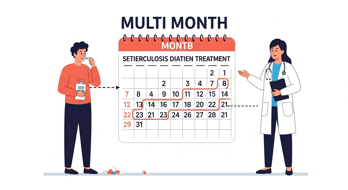 결핵 환자가 장기간 꾸준히 약을 복용하고 의료진의 관리를 받으며 치료를 완료하는 과정을 보여주는 그림