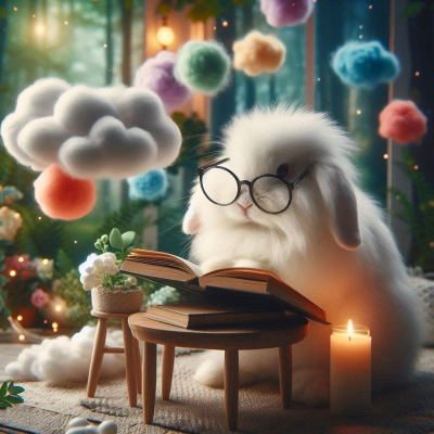 작은 테이블에서 책을 읽으며 꿈을 해석하는 토끼.