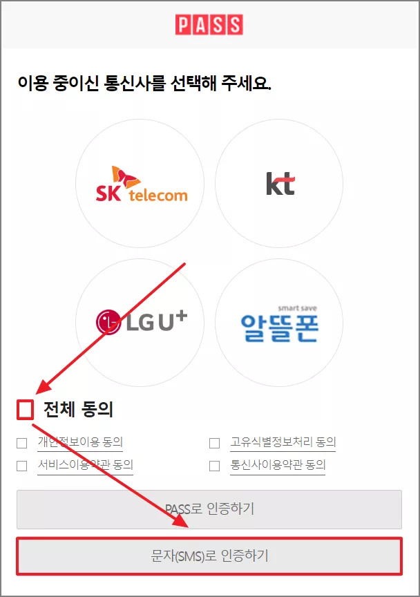 통신사 선택 후 전체 동의