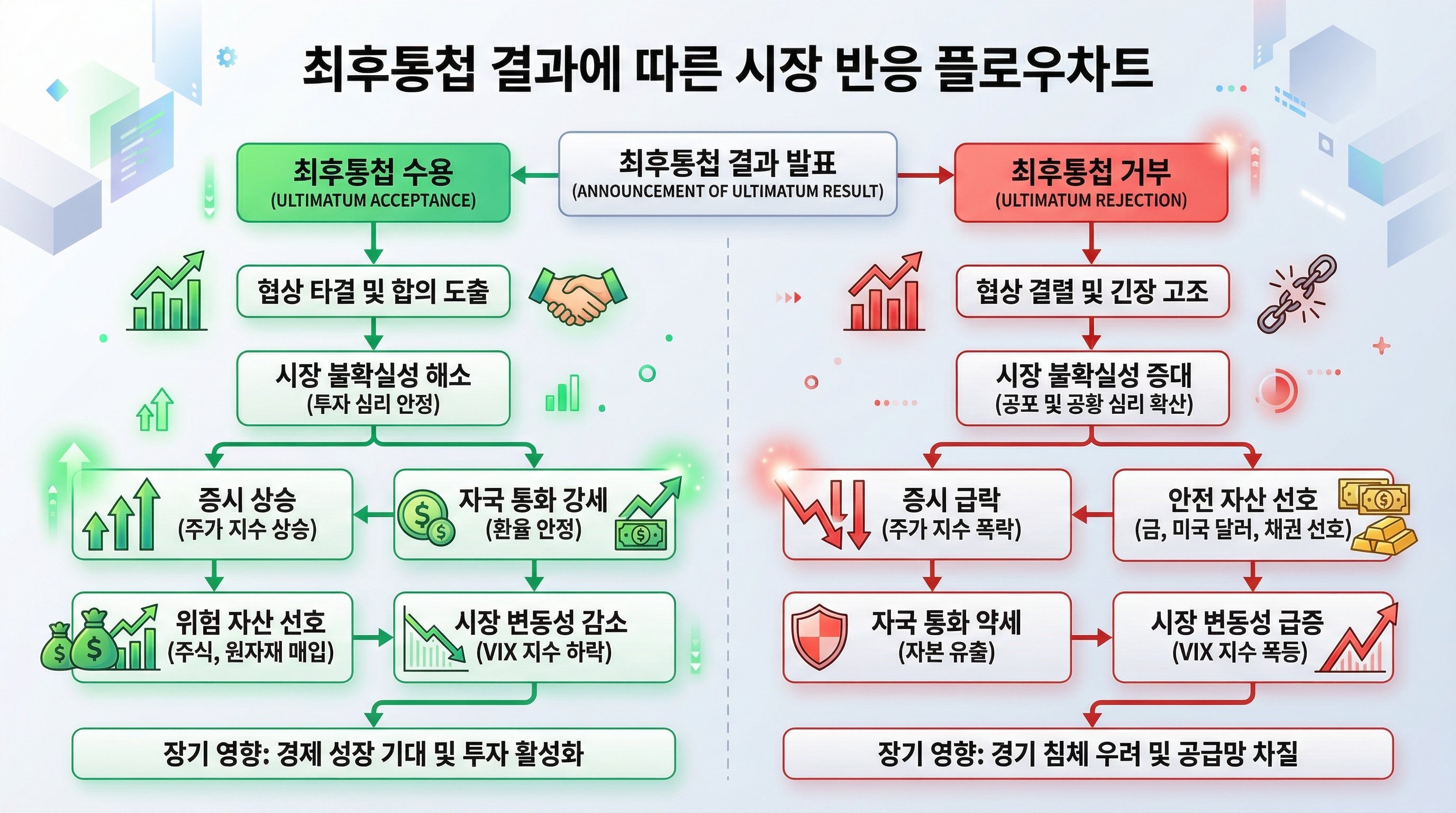 최후통첩 결과에 따른 시장 반응을 보여주는 갈림길 순서도