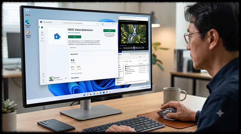 Microsoft Store에서 Windows 11용 HEVC 비디오 확장 기능을 확인하는 모습