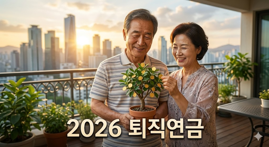 일출 스카이라인을 배경으로 발코니에서 행복하게 웃으며 금화 돈나무를 들고 있는 한국인 노부부의 따뜻한 사진. '2026 퇴직연금'이라는 텍스트가 하단에 명확하게 배치되어 있습니다.