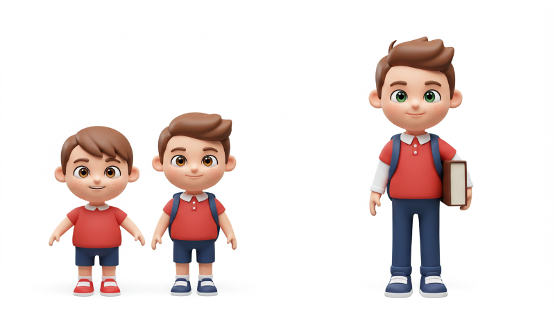 육아휴직 정책 변경 전후를 비교하는 3D 차트와 다양한 학년의 초등학생 아이콘들