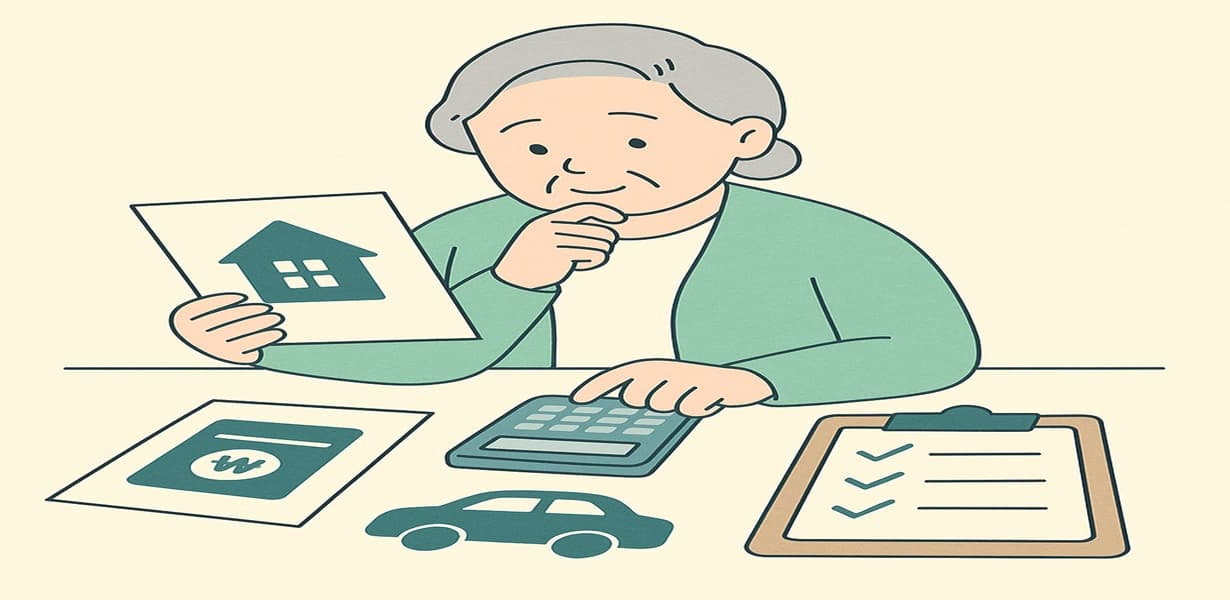 어르신이 계산기를 사용해 부동산, 금융, 자동차 재산을 정리하는 장면 – 소득인정액 계산을 시각적으로 표현한 이미지