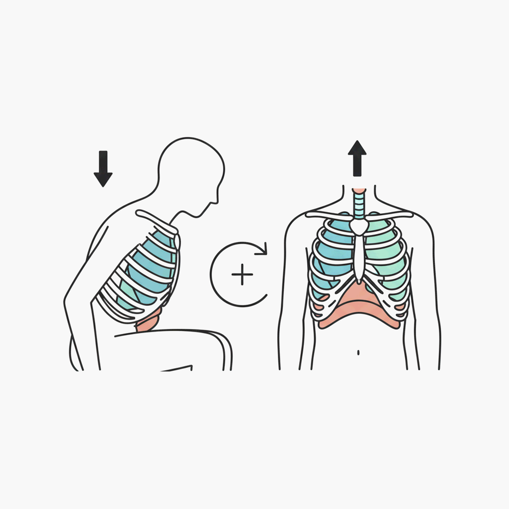 자세를 바꾸면 숨쉬기 편해지는 생리적 구조를 비교 표현한 인체 일러스트레이션