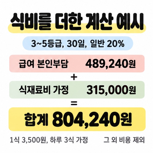 3~5등급 일반 20%로 30일 이용할 때 급여 본인부담 489,240원에 가정한 식재료비 315,000원을 더해 합계 804,240원을 계산하고 그 외 비용 제외를 표시한 도식