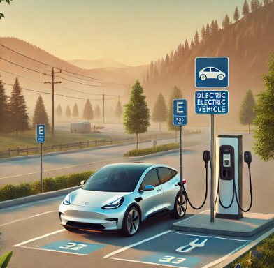 지정된 전기차 주차 공간과 충전소가 있는 경치 좋은 주차장을 보여주며, 도로 여행 중 효율적인 주차의 중요성을 강조합니다.