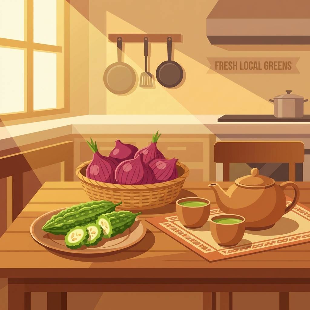 식탁 위에 신선한 양파, 여주, 녹차가 보기 좋게 차려진 모습