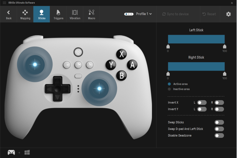 8BitDo 앱에서 스틱 데드존/쏠림 확인 화면