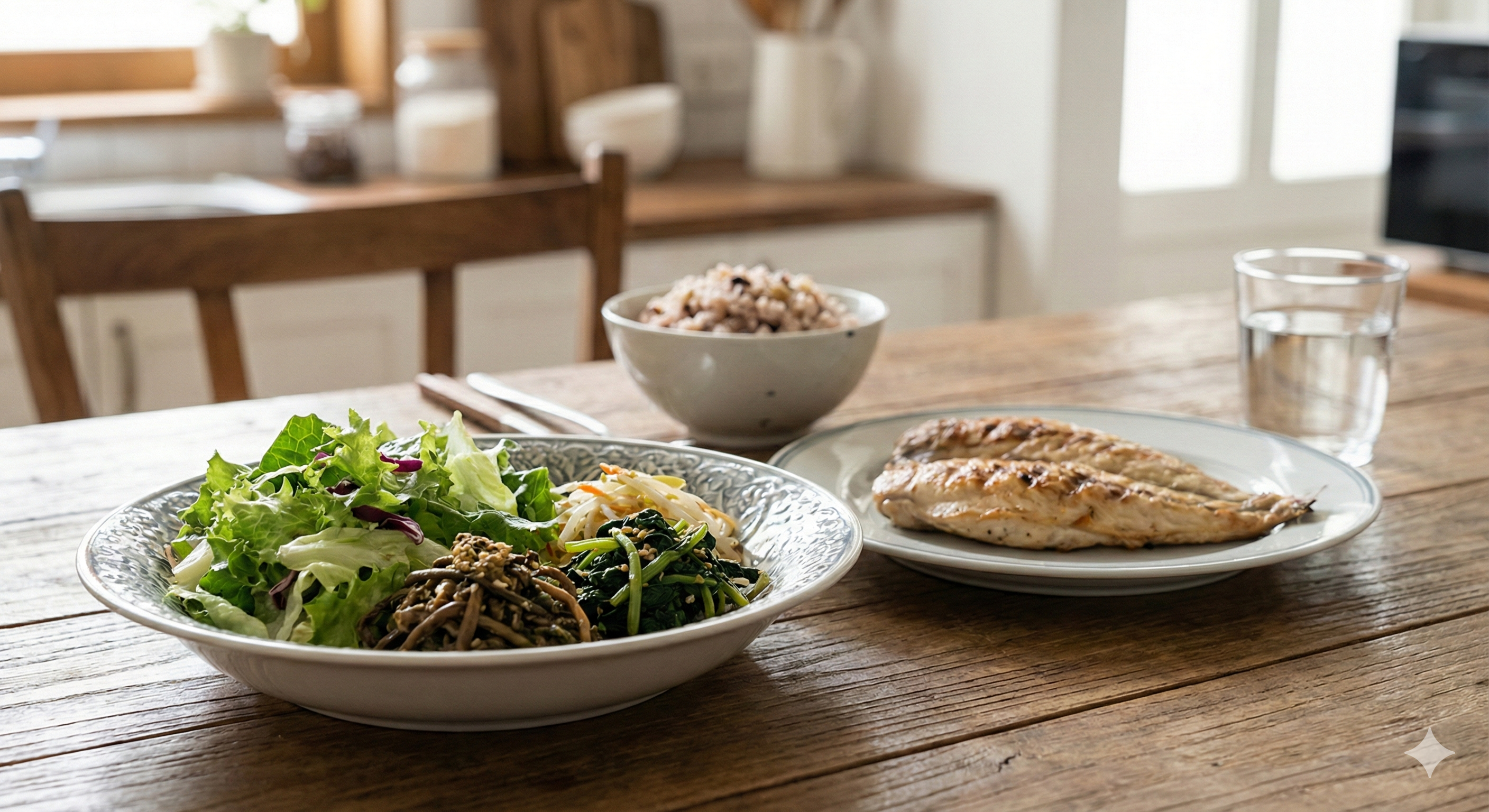 밥,샐러드,생선,나물 건강한 식단 사진