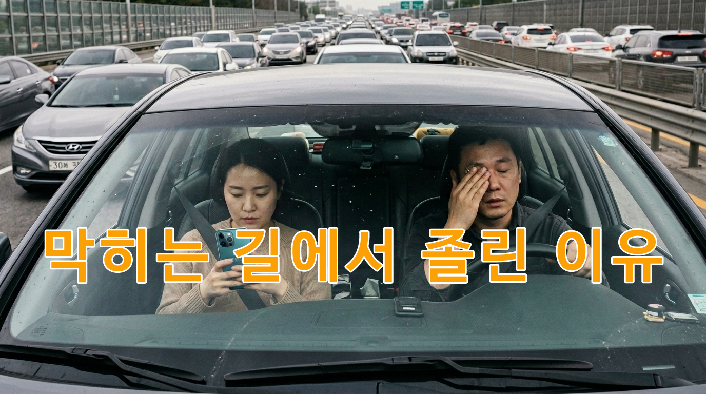 막히는 도로에서 운전하고 있는 졸린 남편