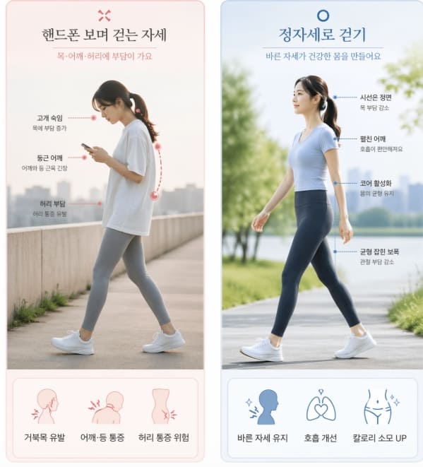 핸드폰 보며 걷는 자세 vs 정자세 걷기 비교 사진