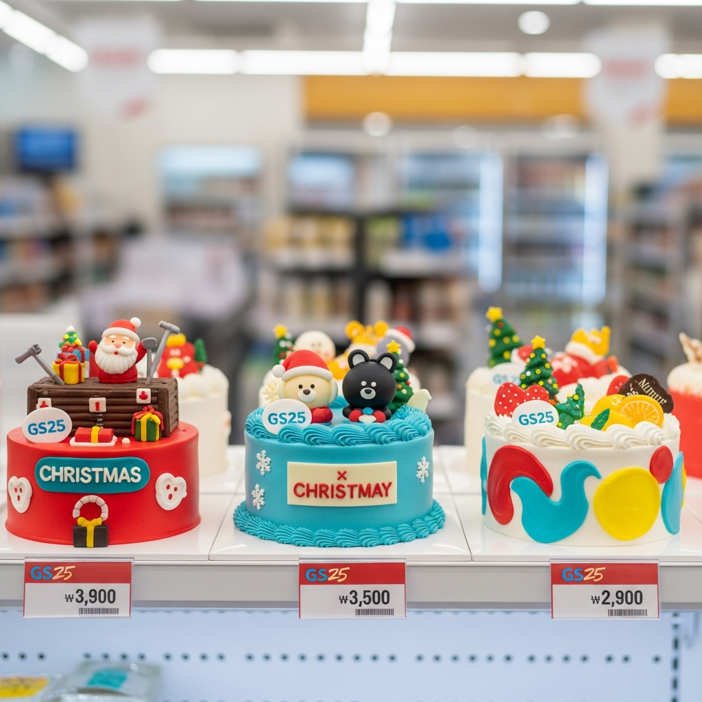 GS25의 독특하고 협업된 크리스마스 케이크들이 편의점 배경에 밝게 진열되어 있는 사진