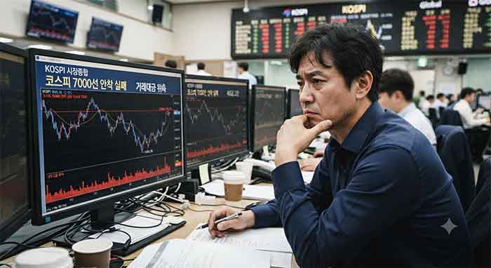 코스피 차트를 보며 고민하는 주식 투자자.