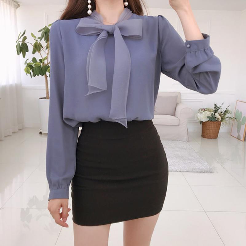 제작 오간자 리본 타이 긴팔 하객룩 쉬폰 블라우스