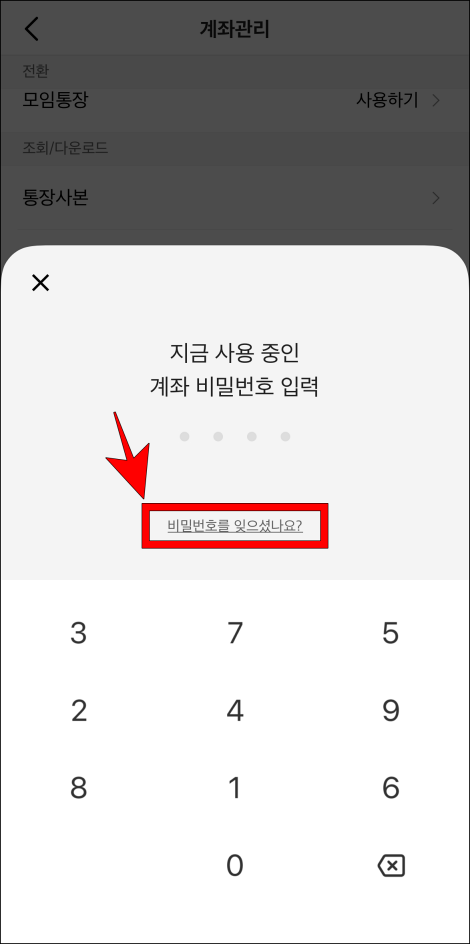 비밀번호 입력 화면의 '비밀번호를 잊으셨나요?'를 선택