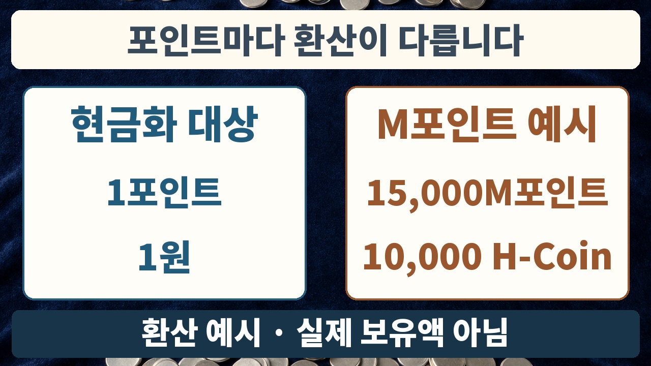 현금화 대상 대표 포인트와 현대 M포인트의 H-Coin 환산을 비교한 카드