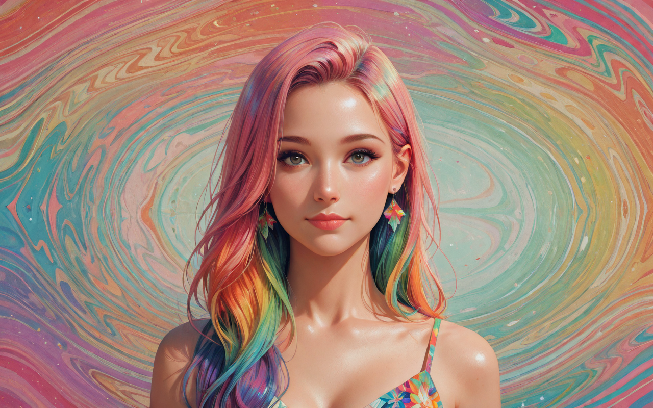 AI로 생성한 레인보우 색상의 장발의 여인