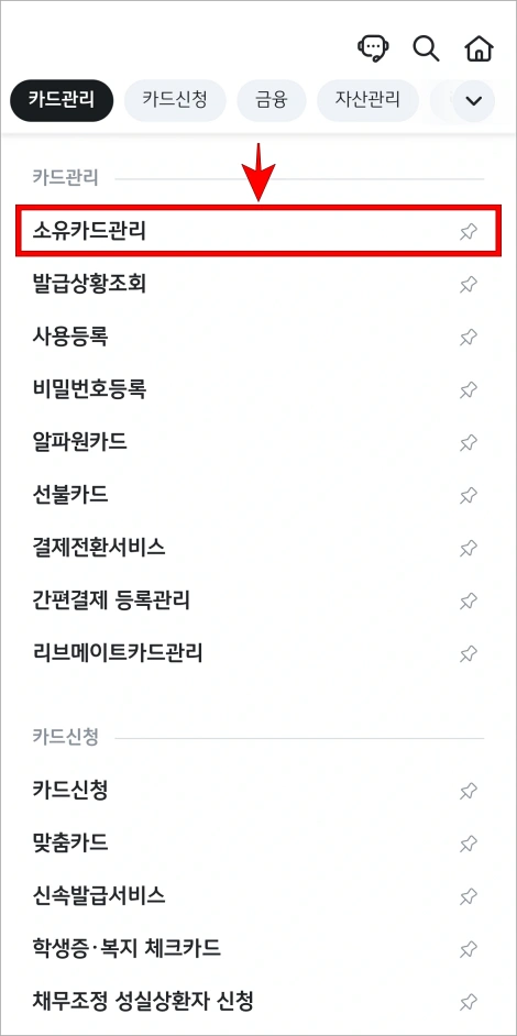 메뉴에서 '소유카드관리'를 선택