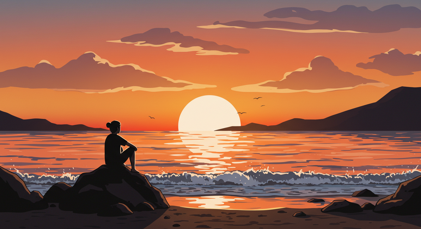 일몰 속 바닷가에서 진정한 휴식을 즐기는 모습