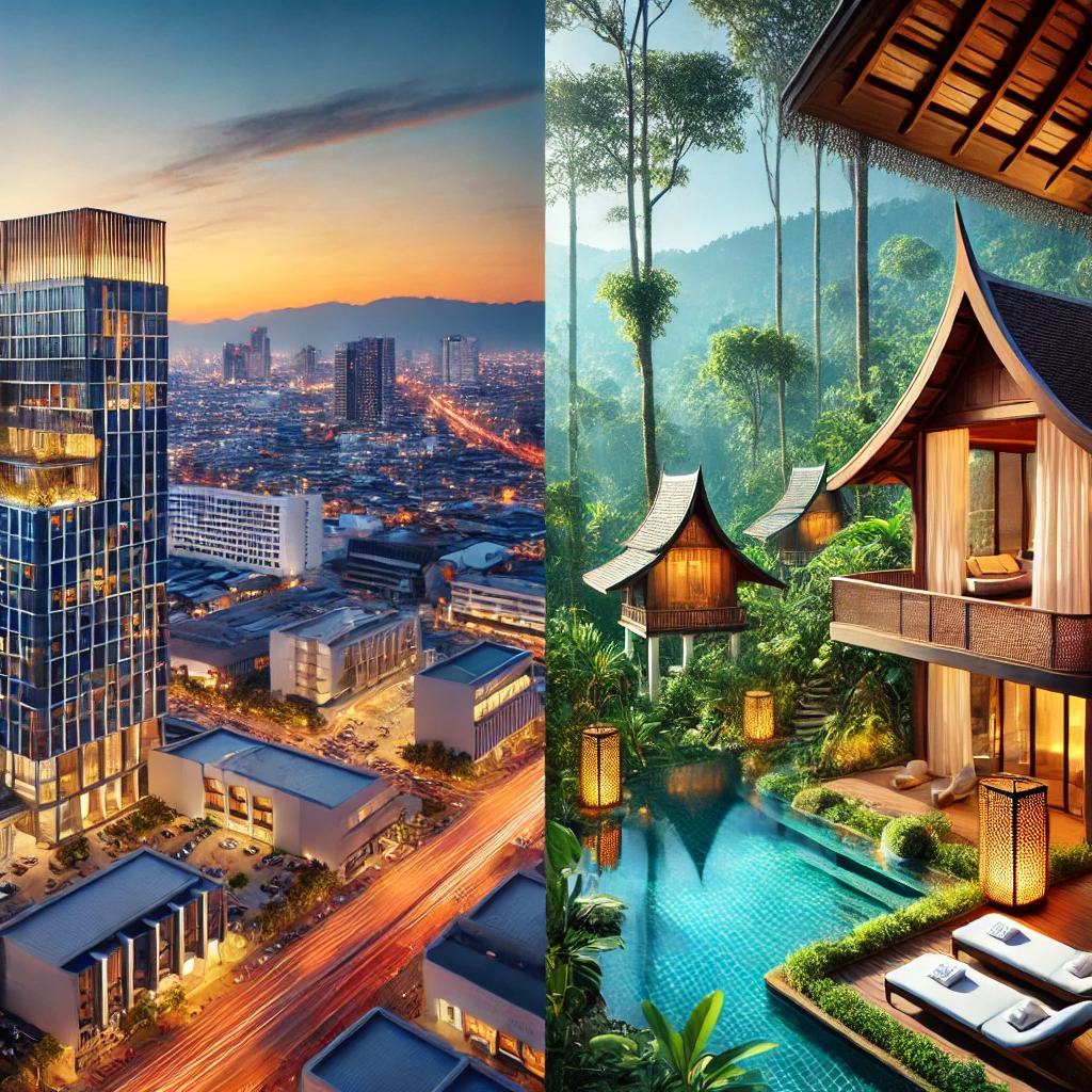 치앙마이 도심 호텔과 자연 속 리조트를 비교하는 이미지