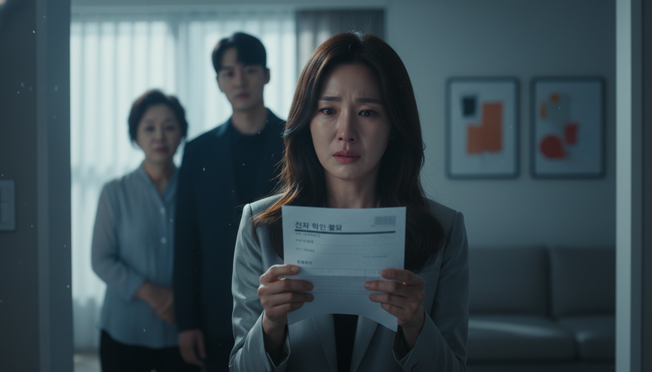 드라마 카시오페아 속 유전자 검사 결과를 들고 복잡한 표정을 짓는 서현진과 뒤편의 장률, 기억을 잃어가는 엄마의 모습이 담긴 감성적인 장면.