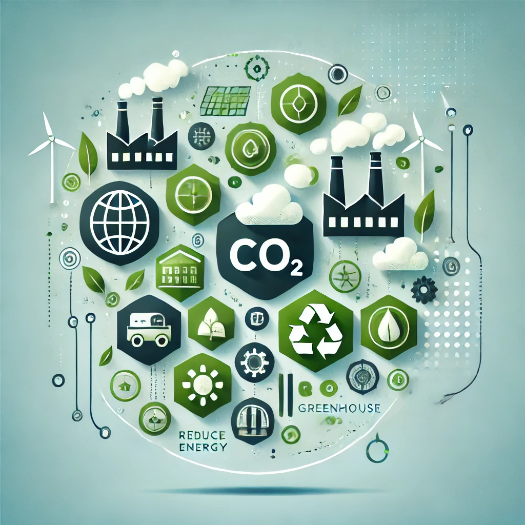 DALL·E 2024-10-26 23.22.55 - Abstract image representing greenhouse gas reduction, with symbols of reduced CO2 emissions and eco-friendly practices like green factories and renewa.webp