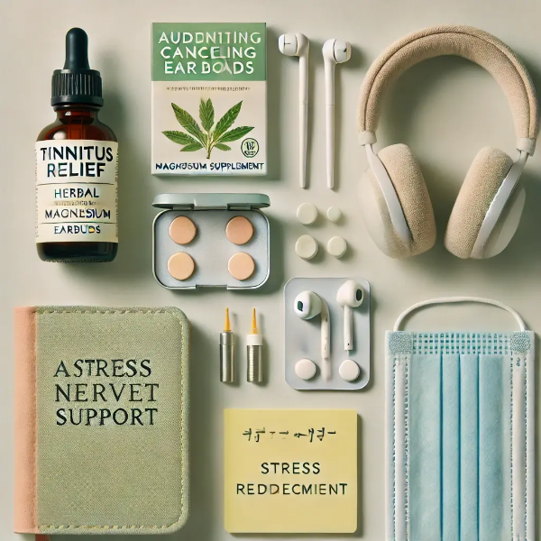 하얀 배경 위에 정리된 허브 귀약, 노이즈 캔슬링 이어폰, 스트레스 저널, 마그네슘 보충제, '이명 완화 루틴' 메모카드의 전문 스튜디오 촬영 사진