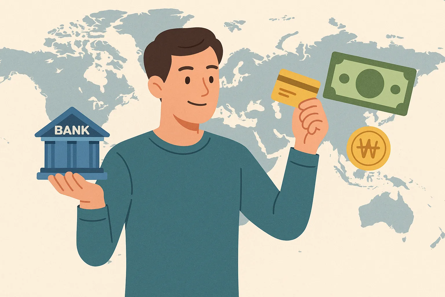 해외-거주자가-국내-금융을-활용할-수-있음을-상징적으로-표현한-일러스트-세계지도를-배경으로-한-남성이-은행-아이콘과-카드를-들고-있으며-옆에는-한국-원화-아이콘과-달러-지폐가-함께-배치되어-국내-금융-접근성을-강조