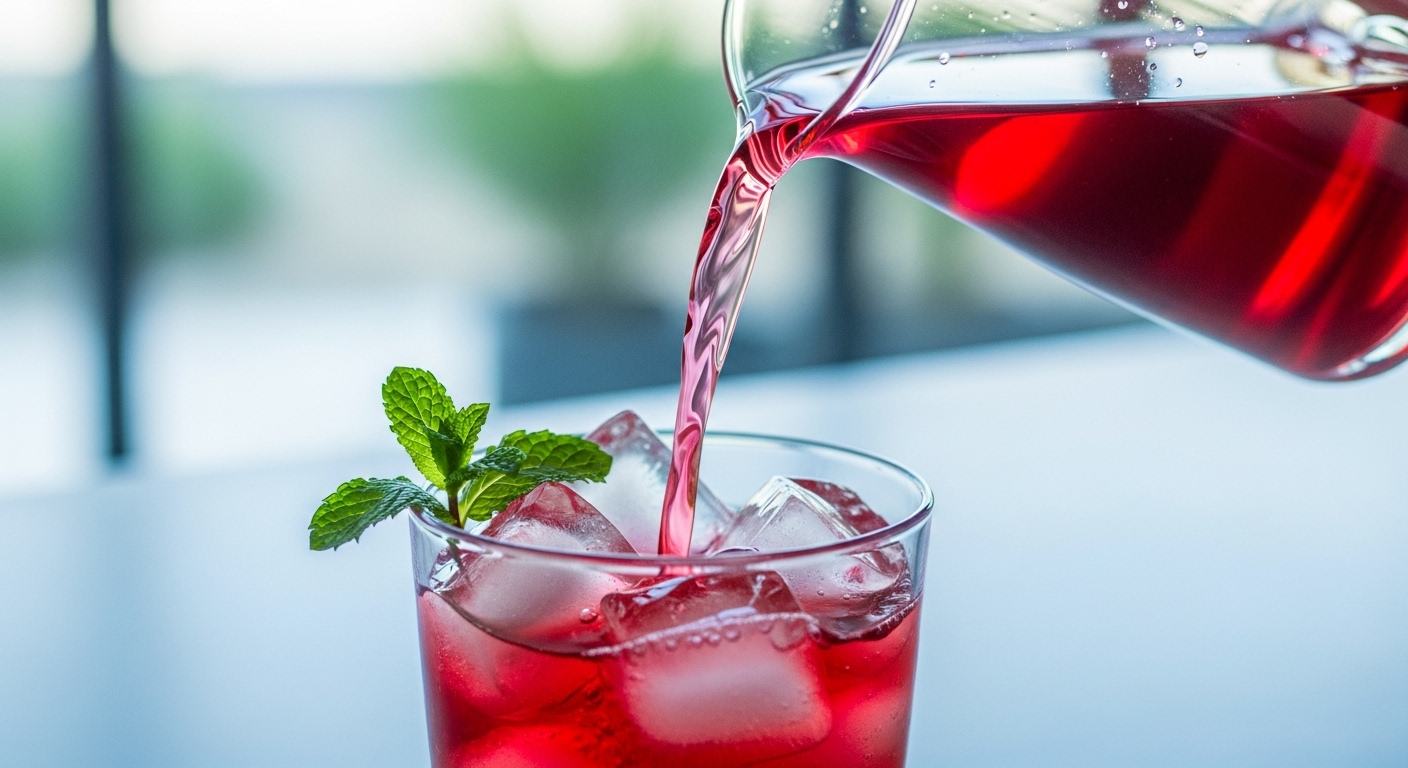 유리 주전자에 담긴 시원한 오미자차를 잔에 따르는 모습. 오미자차의 신선함과 갈증 해소에 도움이 되는 이미지를 표현합니다.