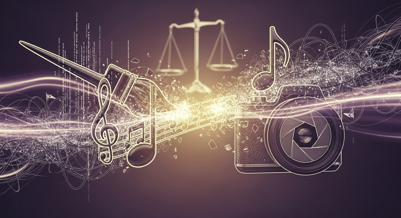 AI 생성 예술의 저작권과 윤리적 쟁점을 상징하는 추상적인 이미지. 디지털 코드와 예술 기호들이 충돌하는 모습.