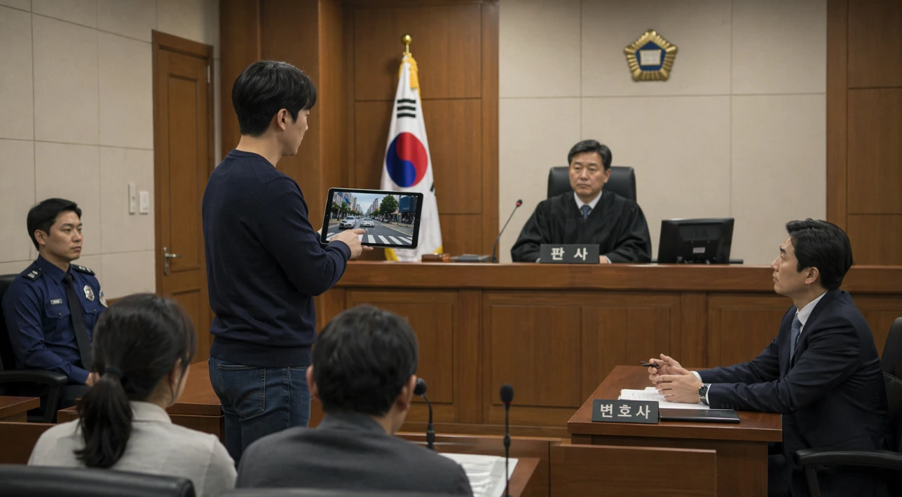 법정에서 개인이 직접 태블릿으로 블랙박스 영상을 증거로 제시하며 변론하는 모습
