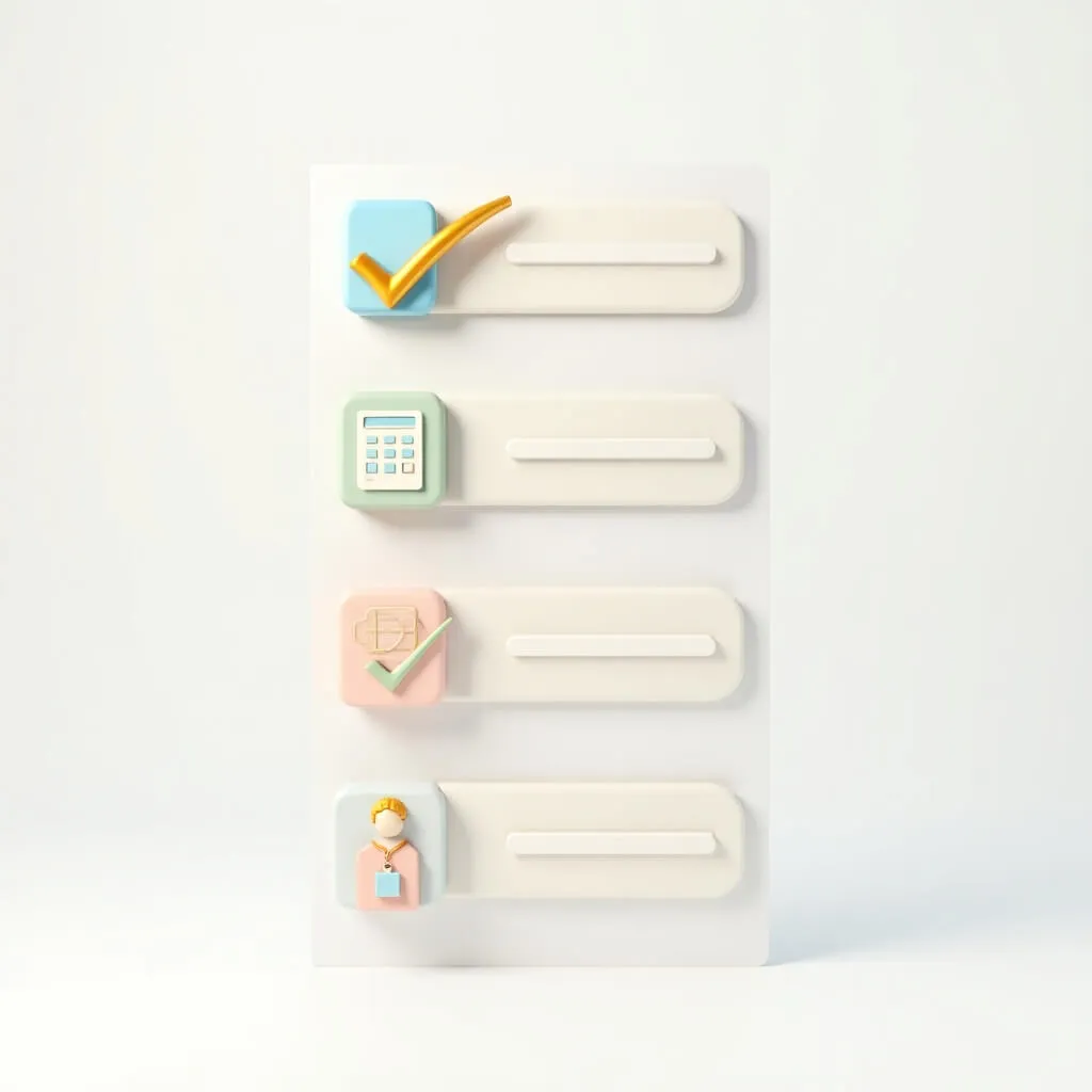 간이영수증 비용처리의 4가지 실무 판단 기준을 나타내는 체크리스트 이미지. 증빙 등급, 금액과 빈도, 거래처 성격, 추가자료 유무를 상징하는 4개의 아이콘이 골든 체크마크와 함께 세로로 정렬된 밝은 화이트 배경의 3D 일러스트