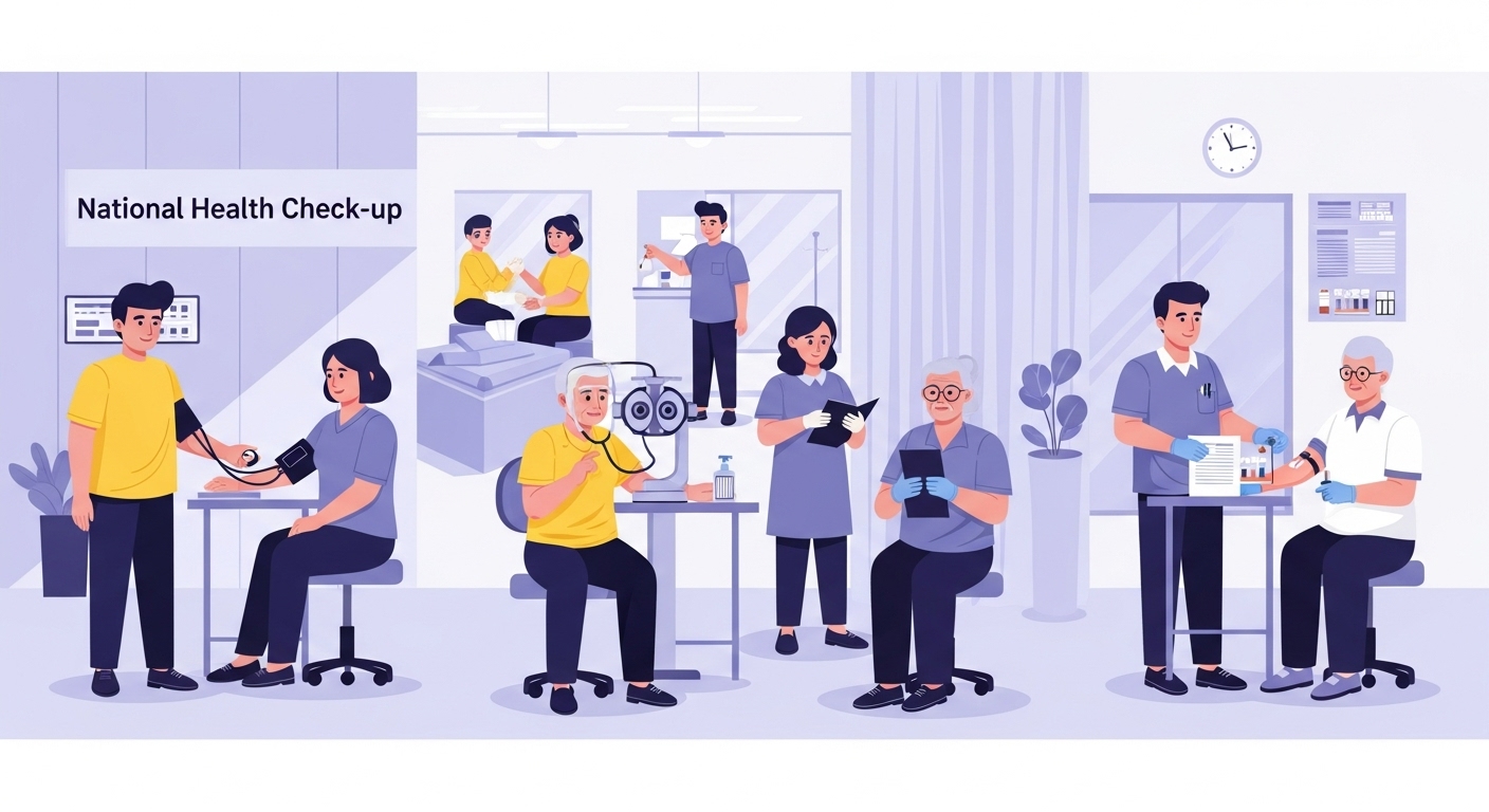 다양한 사람들이 혈압 측정, 시력 검사, 혈액 검사 등 국가건강검진을 받는 모습. 국민들이 건강을 챙기는 모습을 보여줍니다.