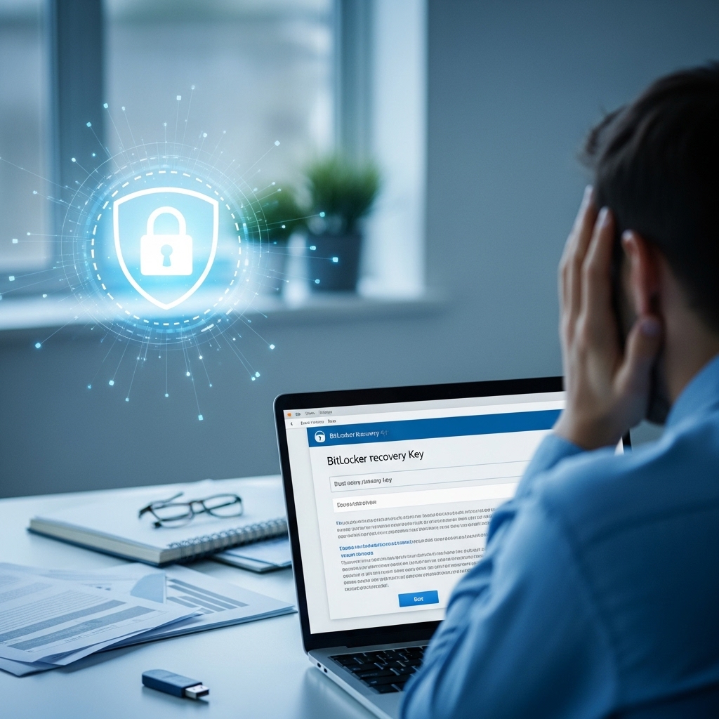 BitLocker 복구 키 입력 화면 앞에서 당황해하는 사용자, 희망적인 푸른빛 자물쇠 아이콘과 USB 드라이브