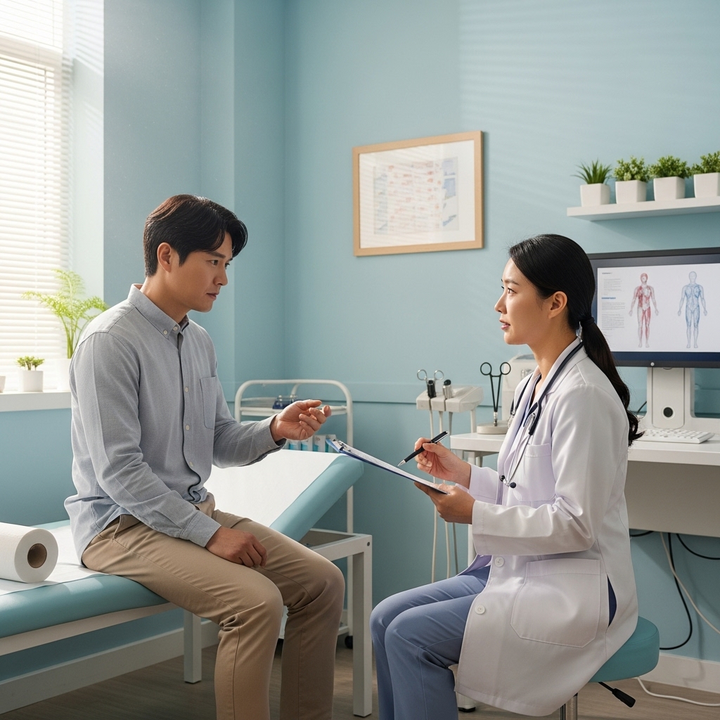 한-한국-성인이-진료실에서-의사와-상담하며-진지하게-증상에-대해-이야기하고-있습니다.