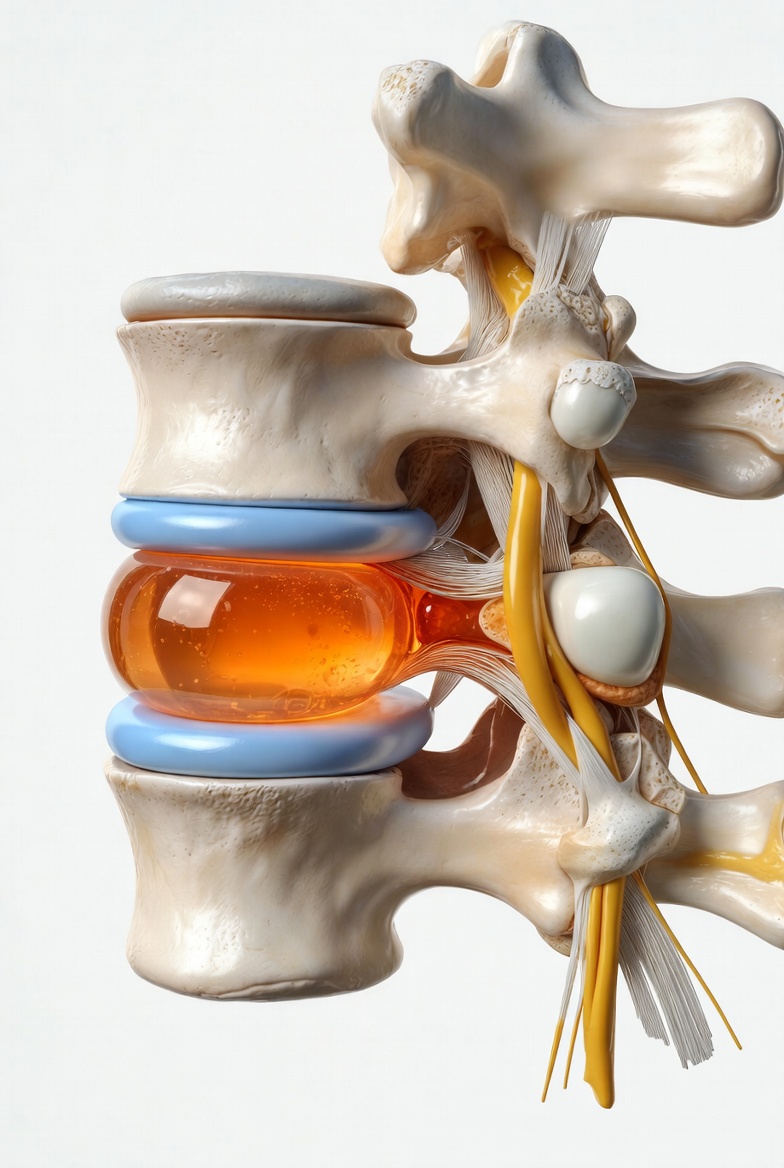 흰색 배경에 척추 뼈 모델이 있고, 뼈 사이의 디스크(추간판) 수핵이 오렌지색 젤리처럼 튀어나와 노란색 신경 줄기를 압박하고 있는 모습의 정밀 3D 렌더링 이미지