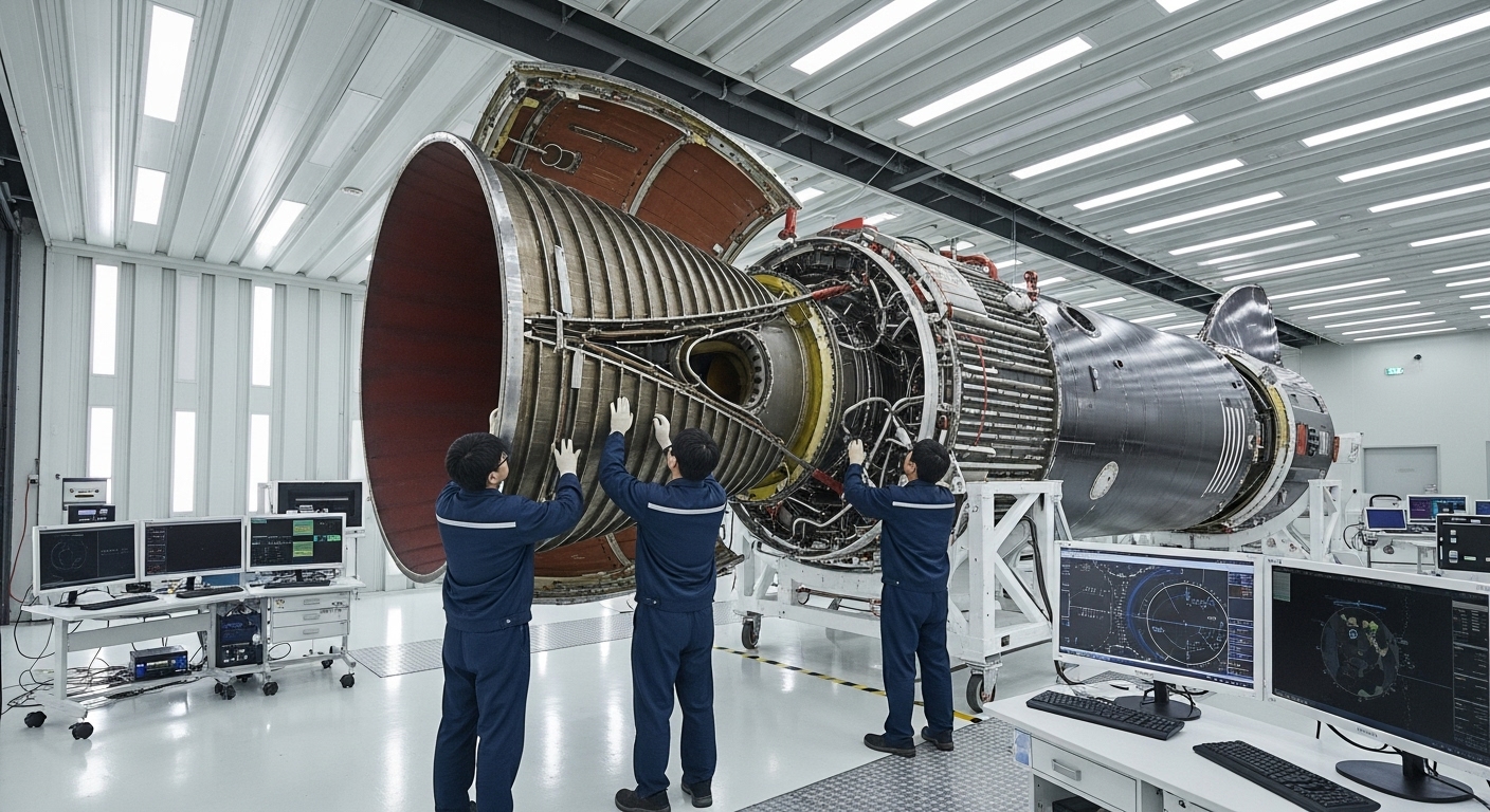 aerospace engineer team inside a cutting-edge rocket maintenance hangar