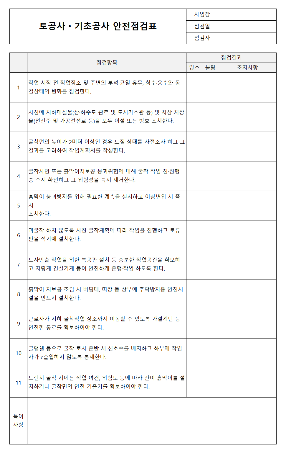 토공사ㆍ기초공사 안전점검표