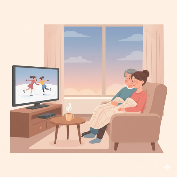 새벽에 커피를 마시며 피겨 프리를 시청하는 5060 시청자 분위기 플랫 일러스트