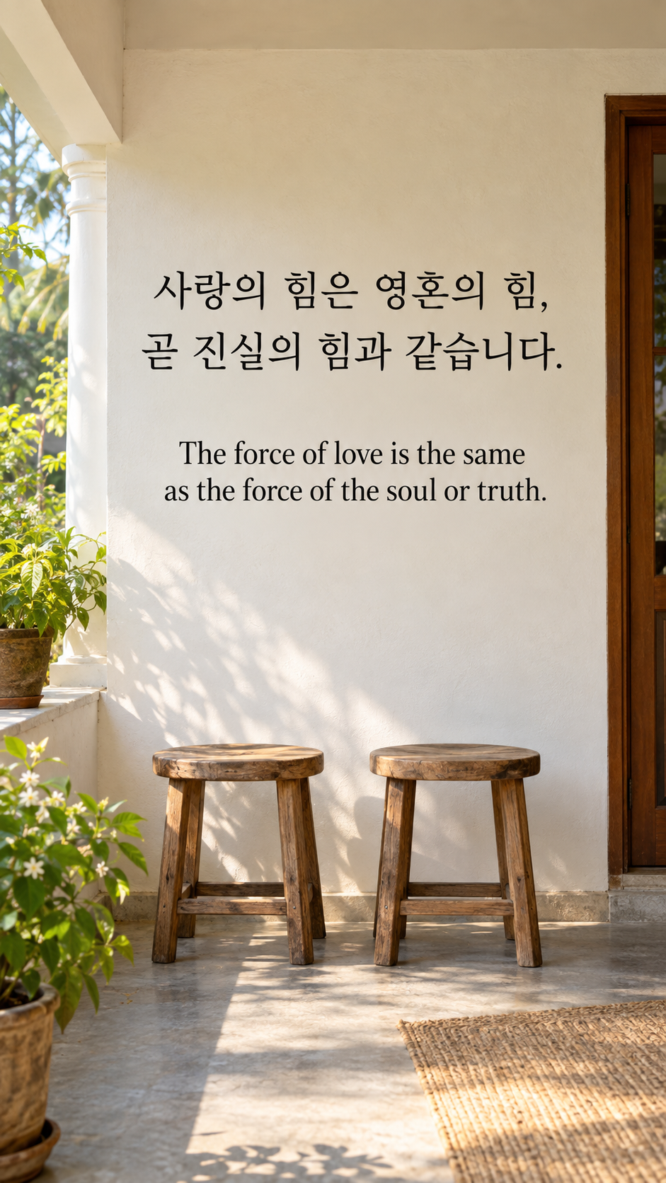 사랑의 힘은 영혼의 힘, 곧 진실의 힘과 같습니다. &mdash; 나란히 놓인 빈 나무 의자 두 개, 디지털카메라 사진풍