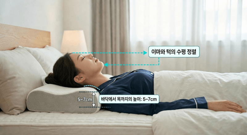 천장을 보고 누웠을 때 이마와 턱이 수평을 이루는 가장 이상적인 베개 높이 측정 가이드