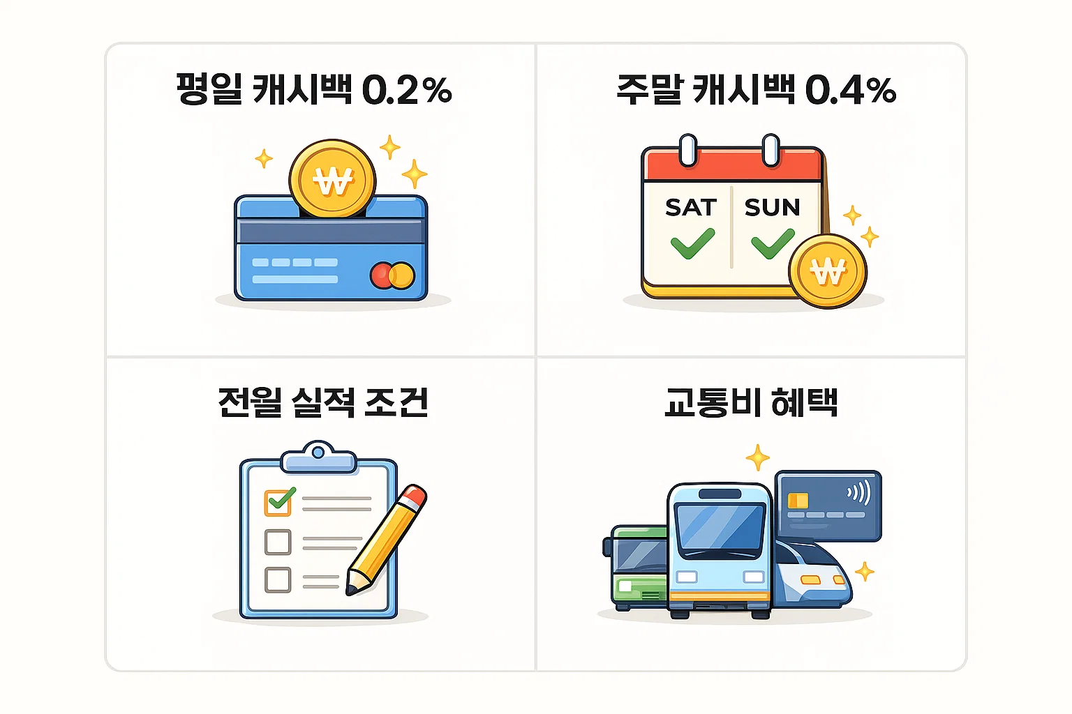 카카오뱅크 프렌즈 체크카드 캐시백 혜택을 평일 0.2퍼센트 주말 0.4퍼센트 기준과 전월 실적 조건 차이로 분석한 비교 이미지입니다