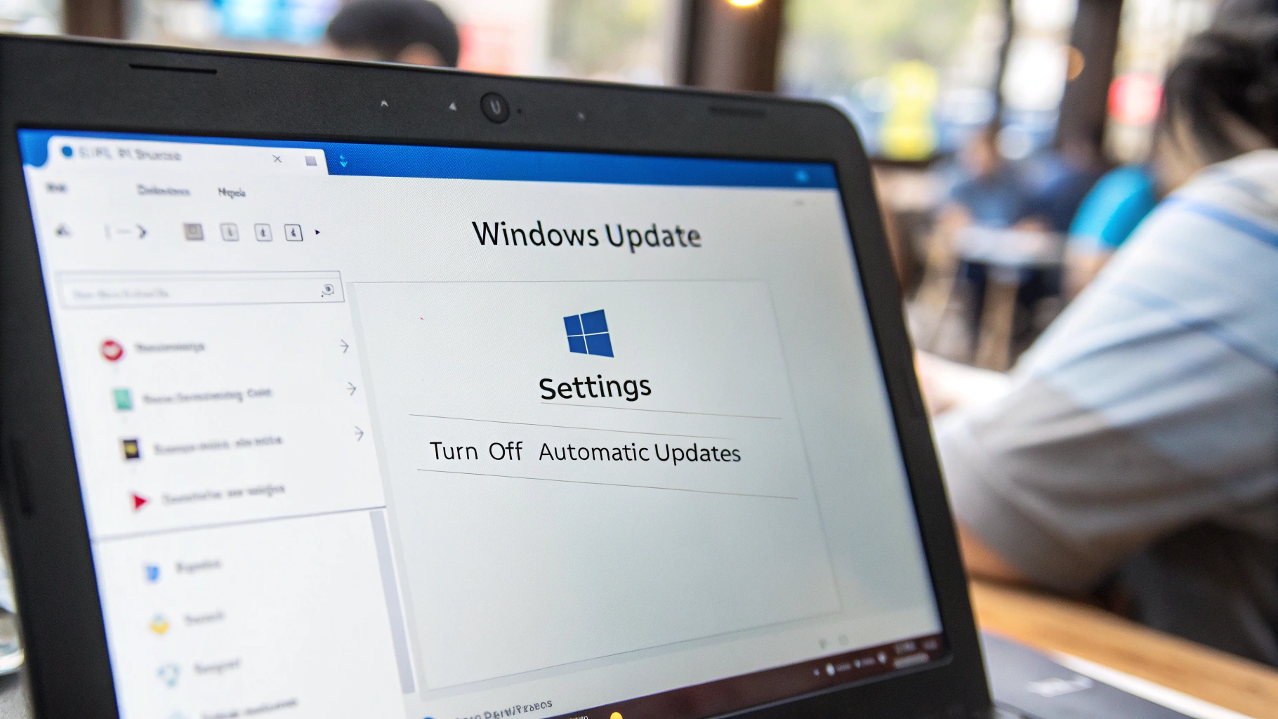 카페나 공공장소로 보이는 환경에서 노트북 화면에 'Windows Update'라는 제목과 함께 'Settings', 'Turn Off Automatic Updates' 버튼이 표시되어 있음. 화면은 설정 인터페이스처럼 보이지만 실제 윈도우 업데이트 설정 화면과는 다른 비정상적인 디자인 요소를 포함하고 있음. 주변에는 다른 사람들이 앉아 있는 모습이 흐릿하게 배경에 보임