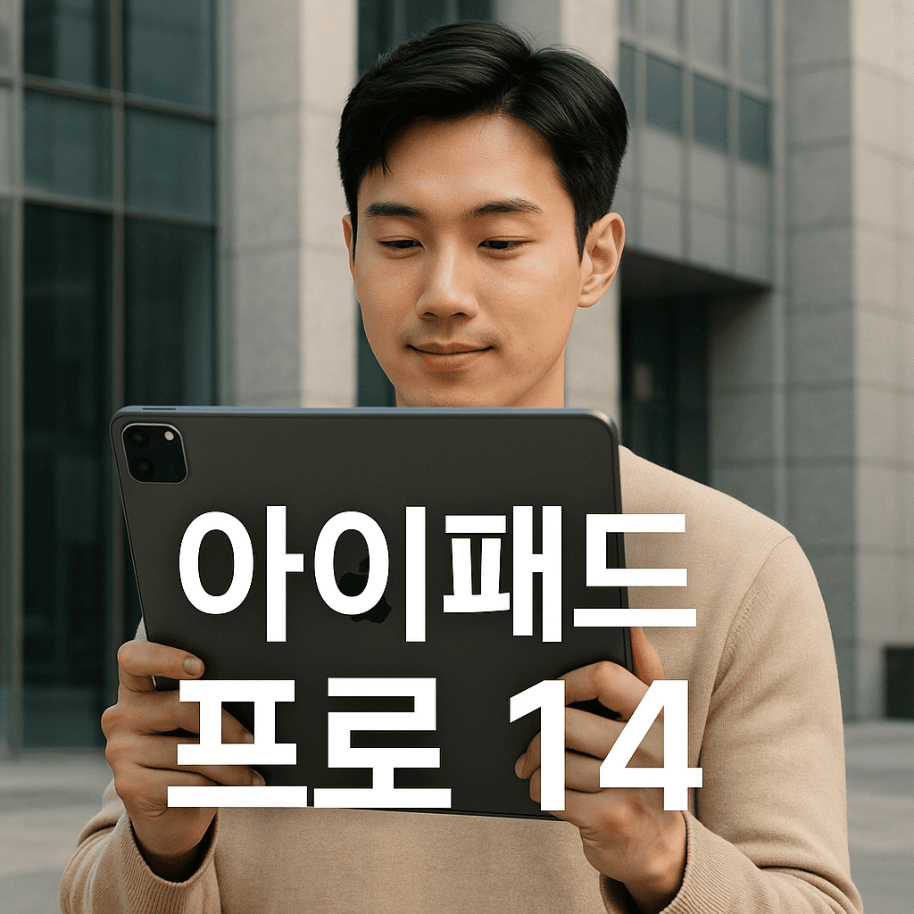 남성-모델이-아이패드-프로-14을-들고-화면을-바라보는-모습,-배경은-현대적인-빌딩,-중앙에-&quot;아이패드-프로-14&quot;-텍스트-배치