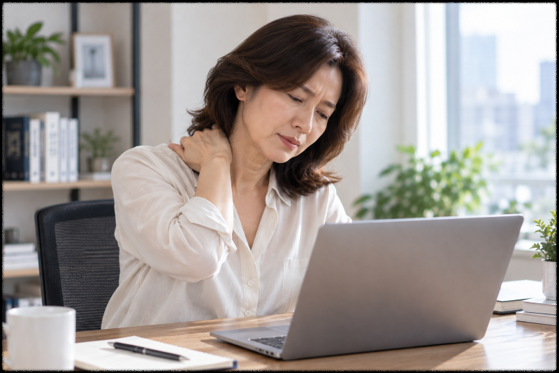 컴퓨터 앞에서 목이 자꾸 뻐근하다면｜머리 위치와 책상 환경부터 점검하기