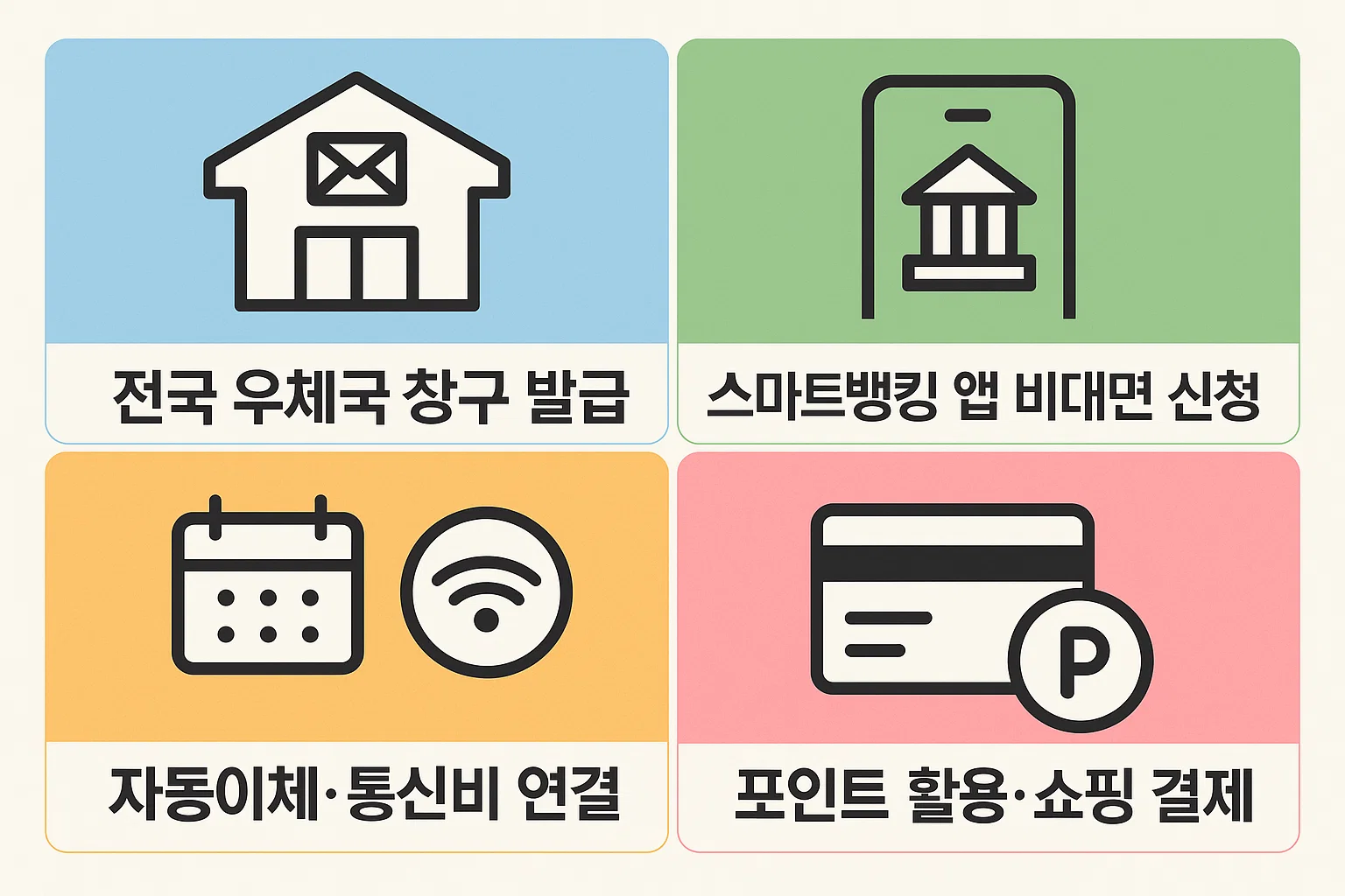 전국 우체국 창구 발급, 스마트뱅킹 앱 비대면 신청, 자동이체&middot;통신비 연결 및 포인트 결제 활용법을 정리한 우체국 체크카드 인포그래픽
