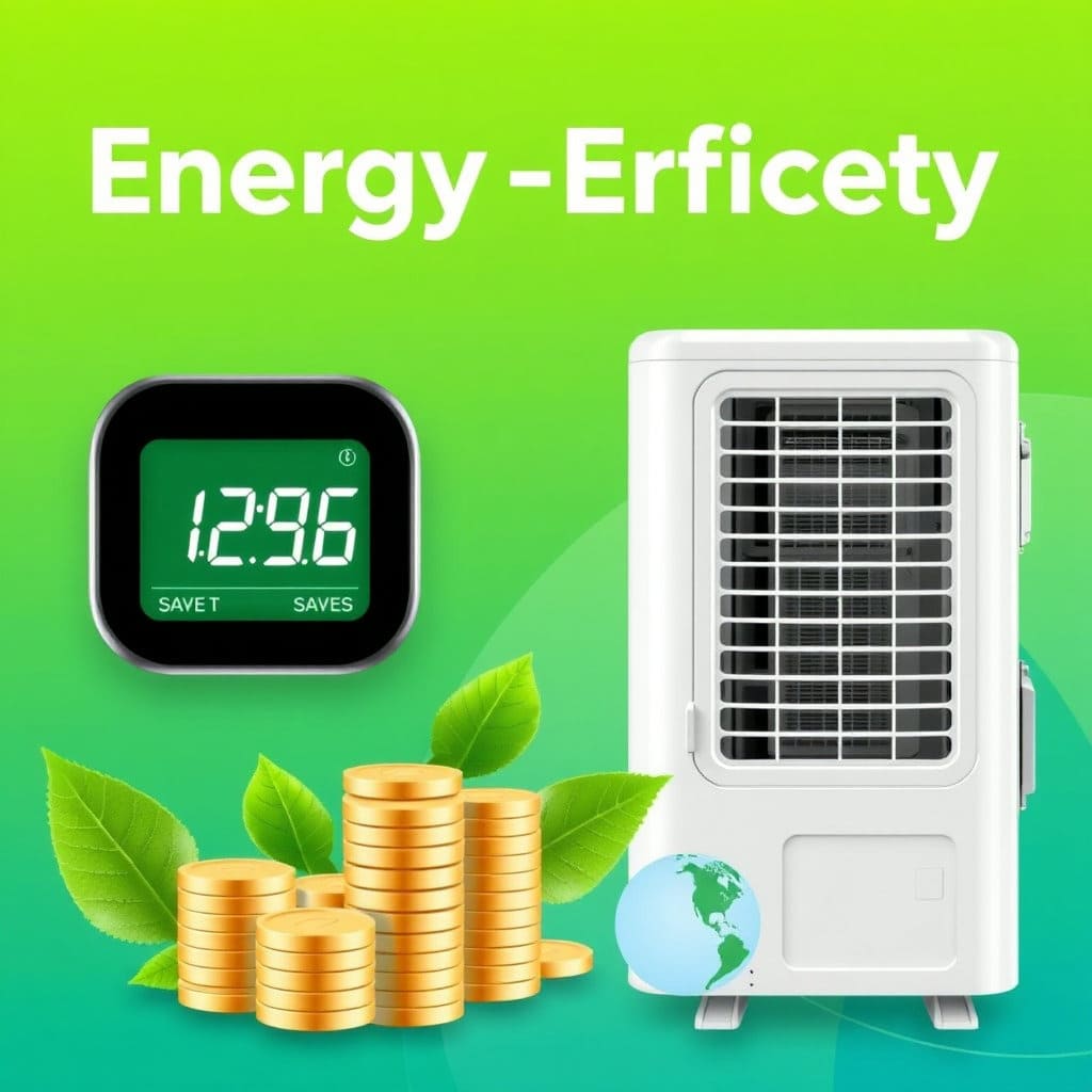 에어컨 옆에 전기 계량기가 있고, 숫자가 줄어드는 모습이나 돈이 절약되는 이미지를 함께 보여줍니다. 동시에 나뭇잎이나 지구본 아이콘을 배치하여 친환경적인 측면도 강조합니다. 밝고 깨끗한 색감을 사용하여 긍정적인 효과를 부각합니다.