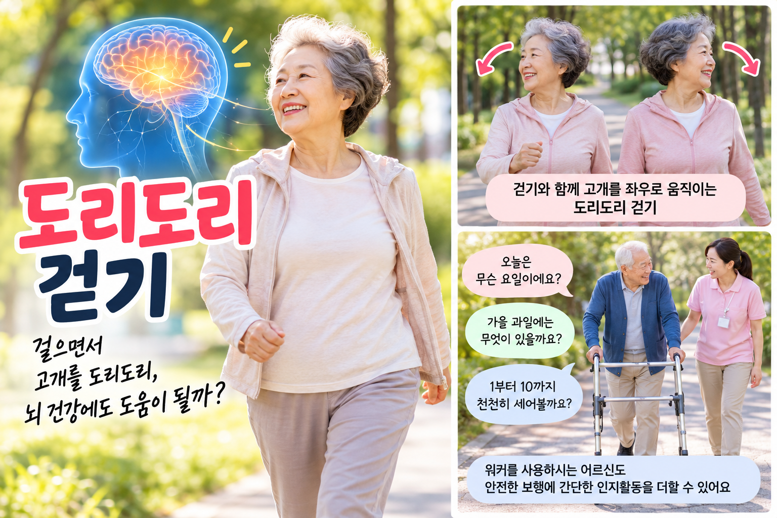 도리도리 걷기와 인지기능의 관계를 표현한 이미지로, 고개를 좌우로 움직이며 걷는 어르신과 워커를 이용해 안전하게 걷는 어르신의 모습