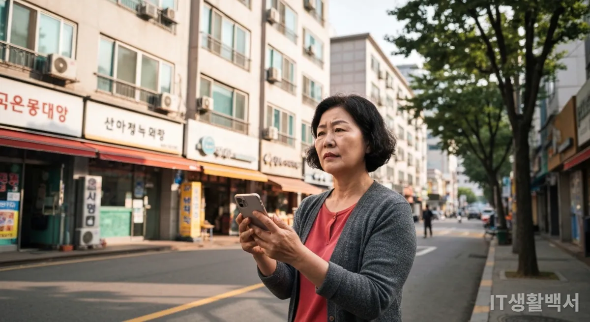 서울의 번화한 동네에서 오래된 아파트 단지를 스마트폰으로 확인하는 한국 여성